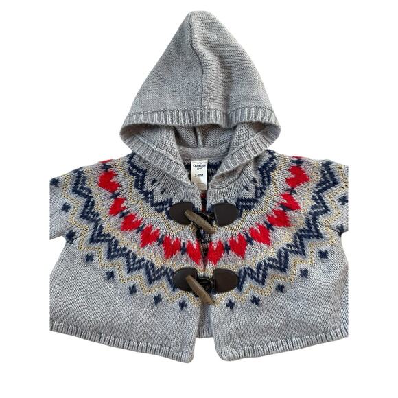 OshKosh B'gosh Fair Isle Cardigan Sweater Baby 3-6m Nordic Hooded Toggle Closure - Picture 4 of 10